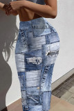 Blue Coffee Casual Street Faux Denim Print Contrast Skinny High Waist Full Print Bottoms