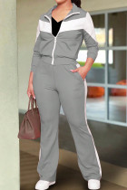 Grey Casual Pocket Patchwork Zipper Contrast Zipper Collar Long Sleeve Two Pieces