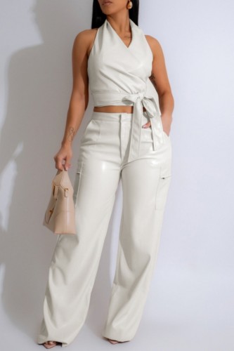 White Sexy Casual Solid Color Backless Belted Halter Sleeveless Two Pieces