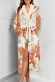 Powder White Daily Animal Print Floral Print Lace Up Contrast Sleepwear