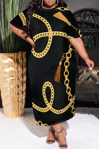 Black Gold Casual Chain print Pocket Contrast O Neck Printed Plus Size Dresses
