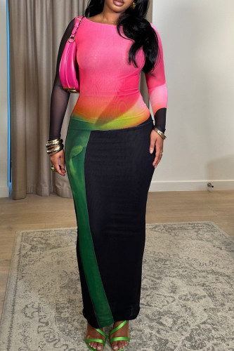 Pink Casual Print Patchwork Contrast O Neck Long Dresses