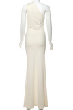 Apricot Casual Solid Color Patchwork Oblique Collar Long Dresses