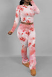 Apricot Casual Street Floral Print Tie Dye Contrast O Neck Long Sleeve Two Pieces