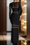 Black Casual Patchwork Mesh Hot Drill Zipper O Neck Long Dresses