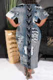 Medium Blue Casual Street Faux Denim Print Pocket O Neck Printed Plus Size Dresses