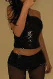 Black Sexy Solid Color Sequins Patchwork Backless Strapless Two Pieces