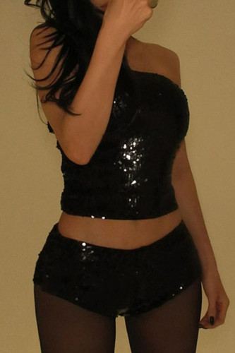 Black Sexy Solid Color Sequins Patchwork Backless Strapless Two Pieces