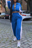 Blue Casual Patchwork Zipper Zipper Collar Long Sleeve Two Pieces