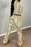 White Grey Casual Street Tie Dye Letters Chain print Contrast O Neck Long Sleeve Two Pieces