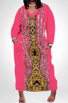 Rose Red Casual Snakeskin Print Leopard Pocket Contrast V Neck Printed Plus Size Dresses