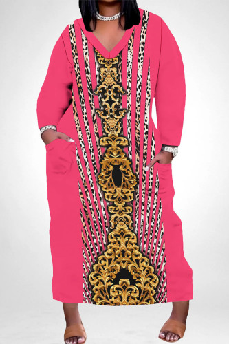 Rose Red Casual Snakeskin Print Leopard Pocket Contrast V Neck Printed Plus Size Dresses