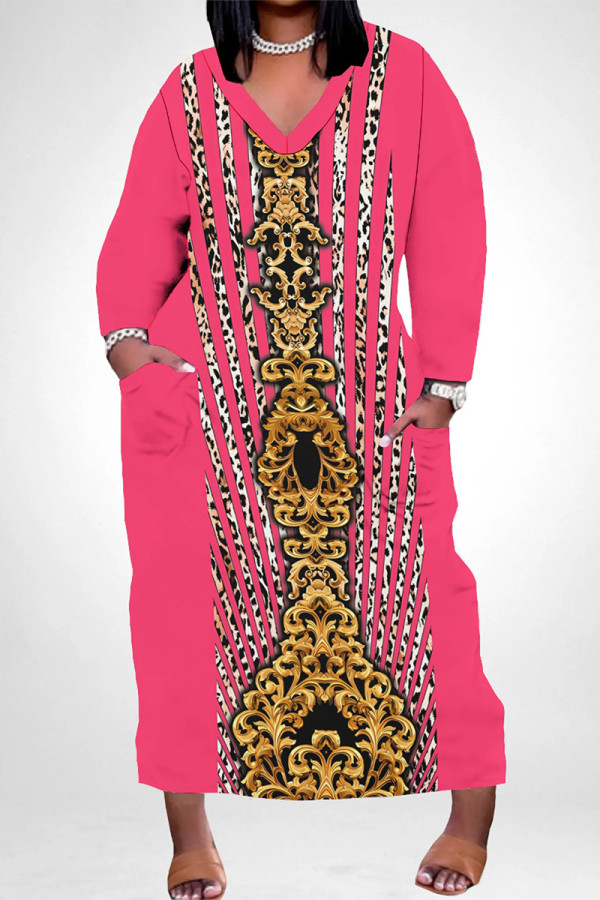 Rose Red Casual Snakeskin Print Leopard Pocket Contrast V Neck Printed Plus Size Dresses