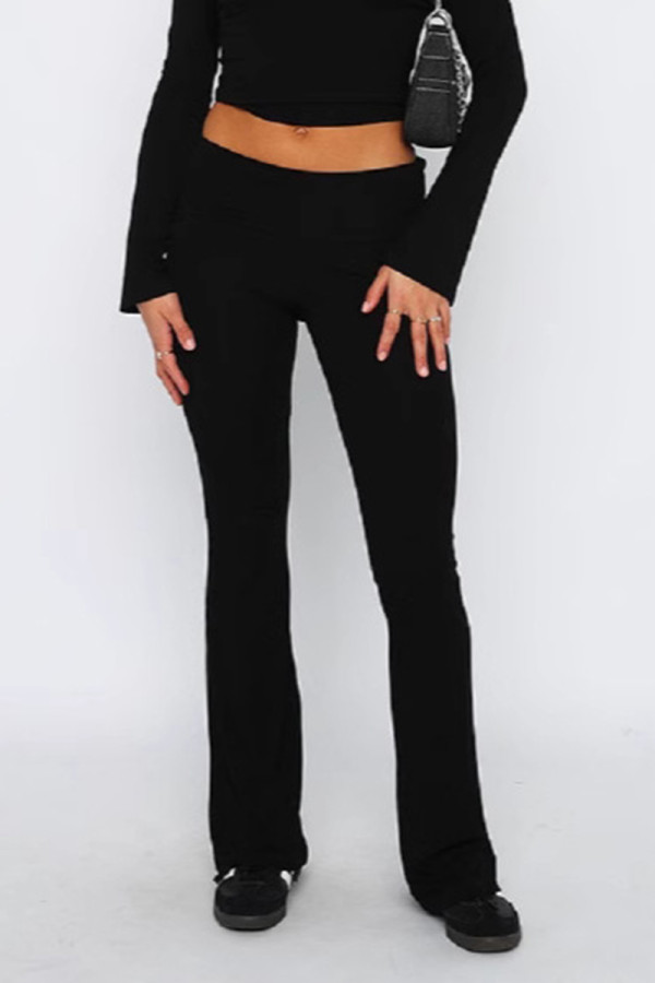 Black Casual Solid Color Patchwork Boot Cut Mid Waist Speaker Patchwork Bottoms