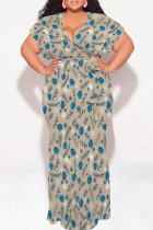 Blue Sexy Floral Print Lace Up V Neck Printed Plus Size Dresses