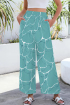 Green White Casual Print Pocket Patchwork Loose Mid Waist Wide Leg Full Print Bottoms