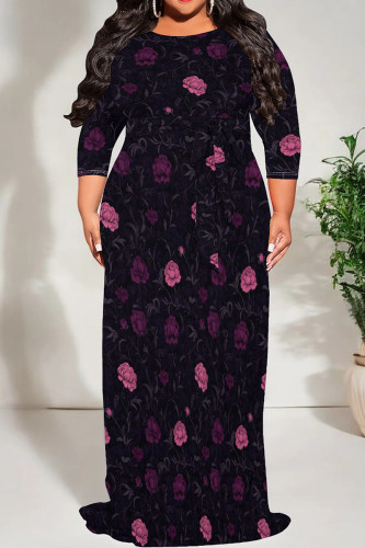 Black Casual Print Patchwork Strap Design O Neck Long Plus Size Dresses