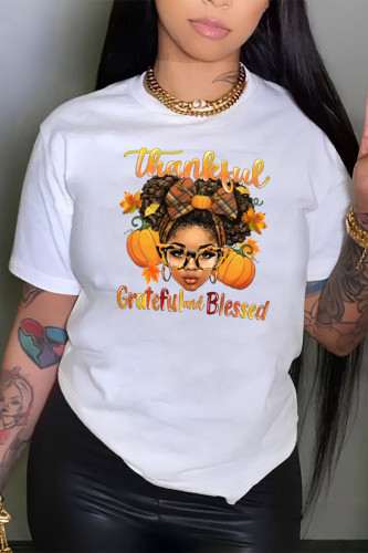 White Casual Street Cartoon Print Letters O Neck T-Shirts