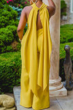 Yellow Casual Solid Color Hollow Out Patchwork O Neck Regular Jumpsuits