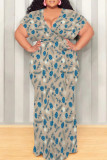 Khaki Sexy Floral Print Lace Up V Neck Printed Plus Size Dresses