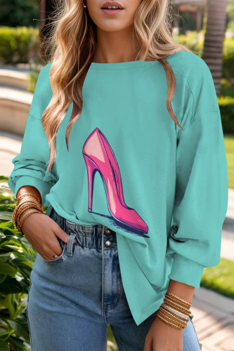 Cyan Casual Print Patchwork O Neck Tops