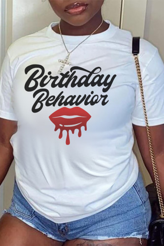 White Casual Lips Print Letters O Neck T-Shirts