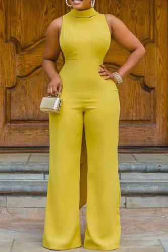 Yellow Casual Solid Color Hollow Out Patchwork O Neck Regular Jumpsuits