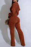 Brown Casual Solid Color Zipper Hooded Fitted Jumpsuits