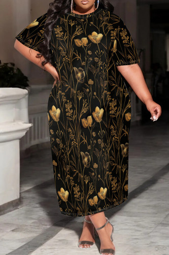Black Gold Casual Print Patchwork O Neck Long Plus Size Dresses