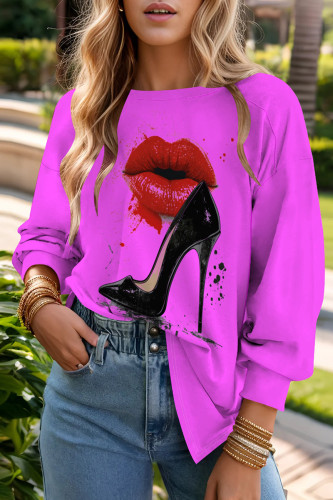 violet Casual Print Patchwork O Neck Tops