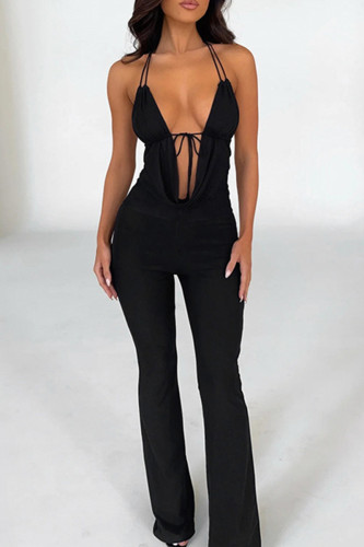 Black Sexy Solid Color Patchwork Backless Strap Design Halter Regular Jumpsuits