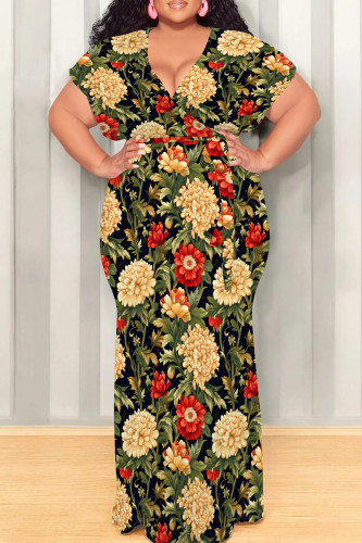 Green Yellow Casual Print Patchwork Strap Design V Neck Long Plus Size Dresses