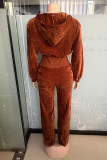 Brown Casual Solid Color Zipper Hooded Fitted Jumpsuits