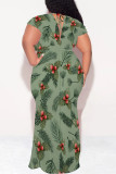 Khaki Sexy Floral Print Lace Up V Neck Printed Plus Size Dresses