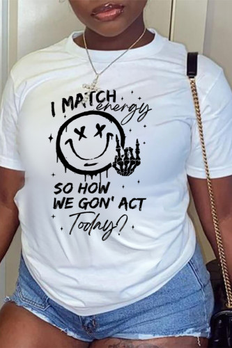 White Casual Street Smiley Face Print Letters O Neck T-Shirts