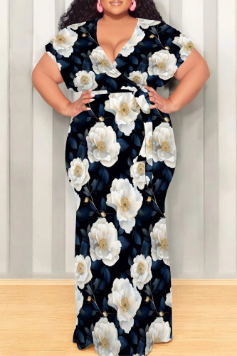Blue White Casual Print Patchwork Strap Design V Neck Long Plus Size Dresses