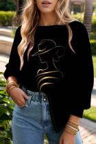 Black Gold Casual Print Patchwork O Neck Tops