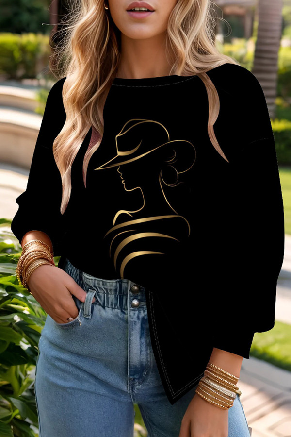 Black Gold Casual Print Patchwork O Neck Tops
