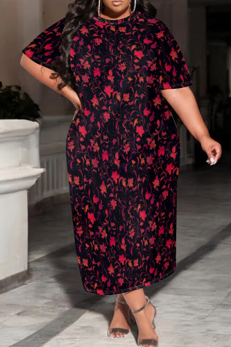 Black Red Casual Print Patchwork O Neck Long Plus Size Dresses