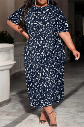 Tibetan Blue Casual Print Patchwork O Neck Long Plus Size Dresses