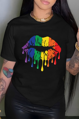 Black Casual Lips Print Gradient O Neck T-Shirts