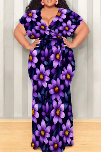 Purple Casual Print Patchwork Strap Design V Neck Long Plus Size Dresses