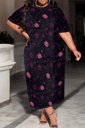 Black Casual Print Patchwork O Neck Long Plus Size Dresses