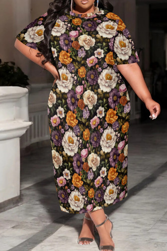 Colour Casual Print Patchwork O Neck Long Plus Size Dresses