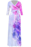 Blue Elegant Floral Print Gradient Lace Up Contrast V Neck Printed Dresses