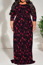 Black Red Casual Print Patchwork Strap Design O Neck Long Plus Size Dresses