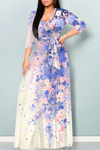 Blue Elegant Floral Print Gradient Lace Up Contrast V Neck Printed Dresses