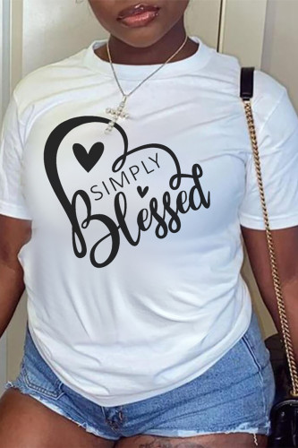 White Casual Letter Print Heart Shaped O Neck T-Shirts