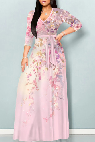Pink Elegant Floral Print Gradient Lace Up Contrast V Neck Printed Dresses