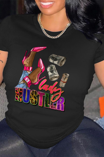 Black Casual Street Graffiti Print Letters O Neck T-Shirts